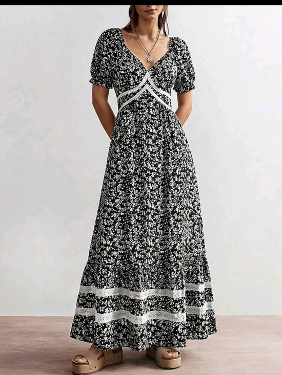 Dresses & Skirts - Black & White Floral V-Neck Maxi Dress with Contrast Trim